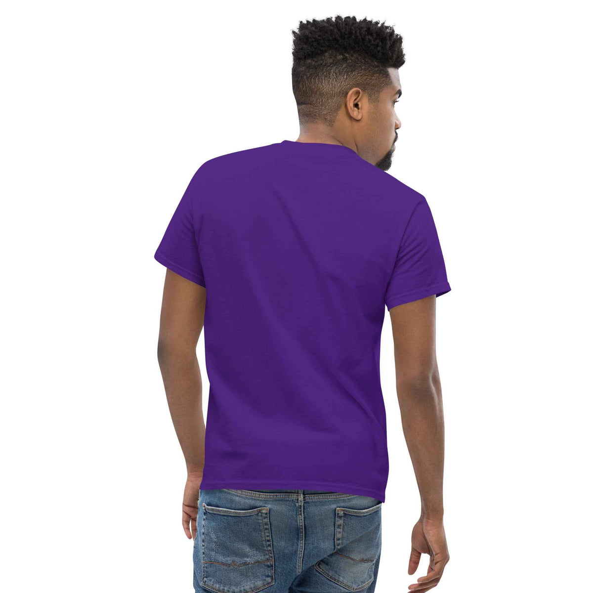 Purple unisex classic tee with Cranston's Mariner Coffee Beans logo, slight three-quarter eyes right on a male studio model