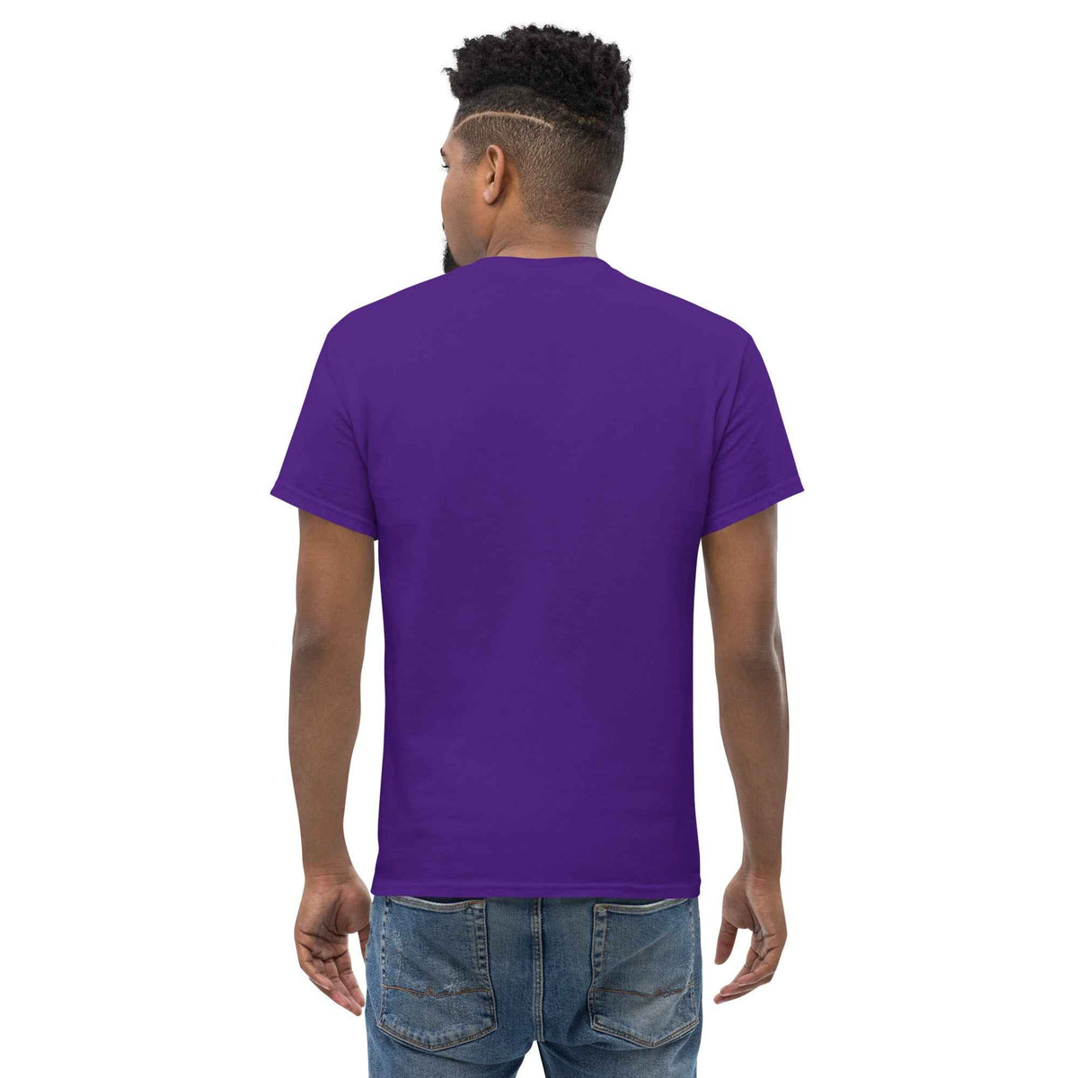 Purple unisex classic tee featuring Cranston's Mariner Coffee Beans logo, rear-view angled eyes left on a male studio model