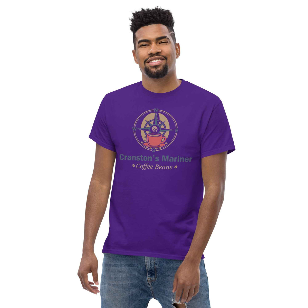 Purple unisex classic tee featuring Cranston's Mariner Coffee Beans nautical logo, a slightly leaning left male studio model