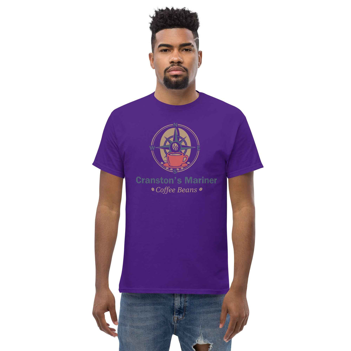 Purple unisex classic tee featuring Cranston's Mariner Coffee Beans nautical logo, front-facing pose on a male studio model