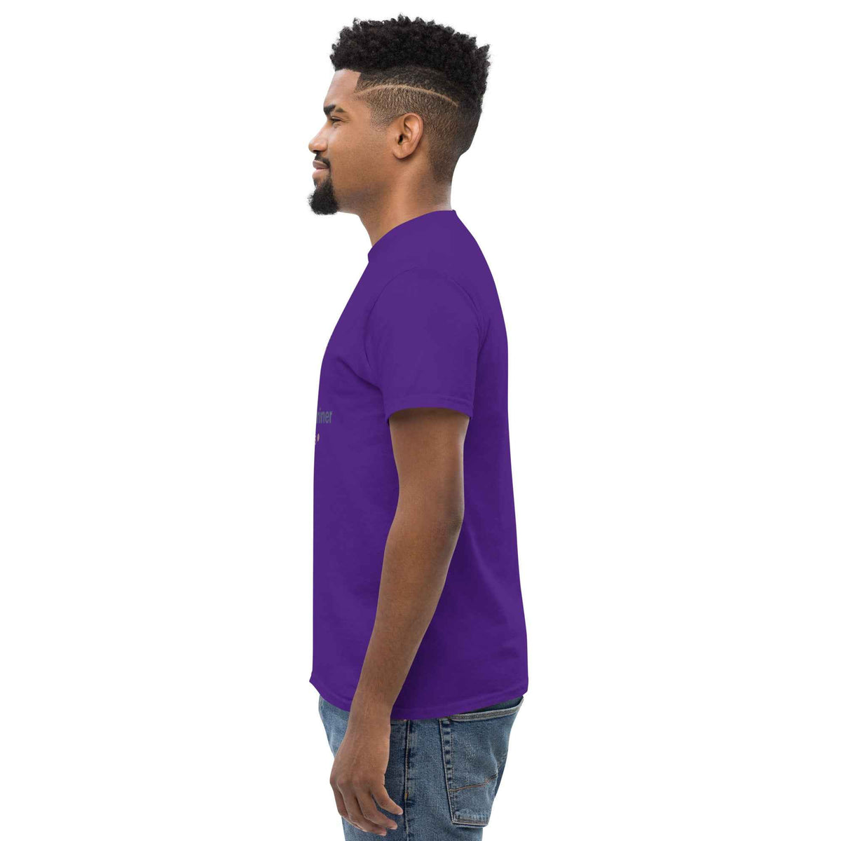 Purple unisex classic tee with Cranston's Mariner Coffee Beans cup design, side profile facing left on a male studio model