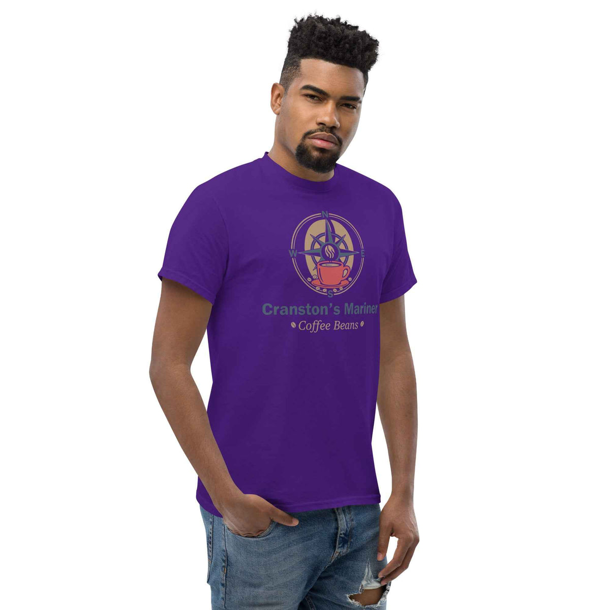 Purple unisex classic tee featuring Cranston's Mariner Coffee Beans logo, three-quarter facing right on male studio model
