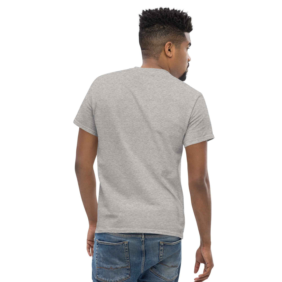 Sport Grey unisex classic tee with Cranston's Mariner Coffee Beans logo, rear-view slightly eyes right on a male studio model