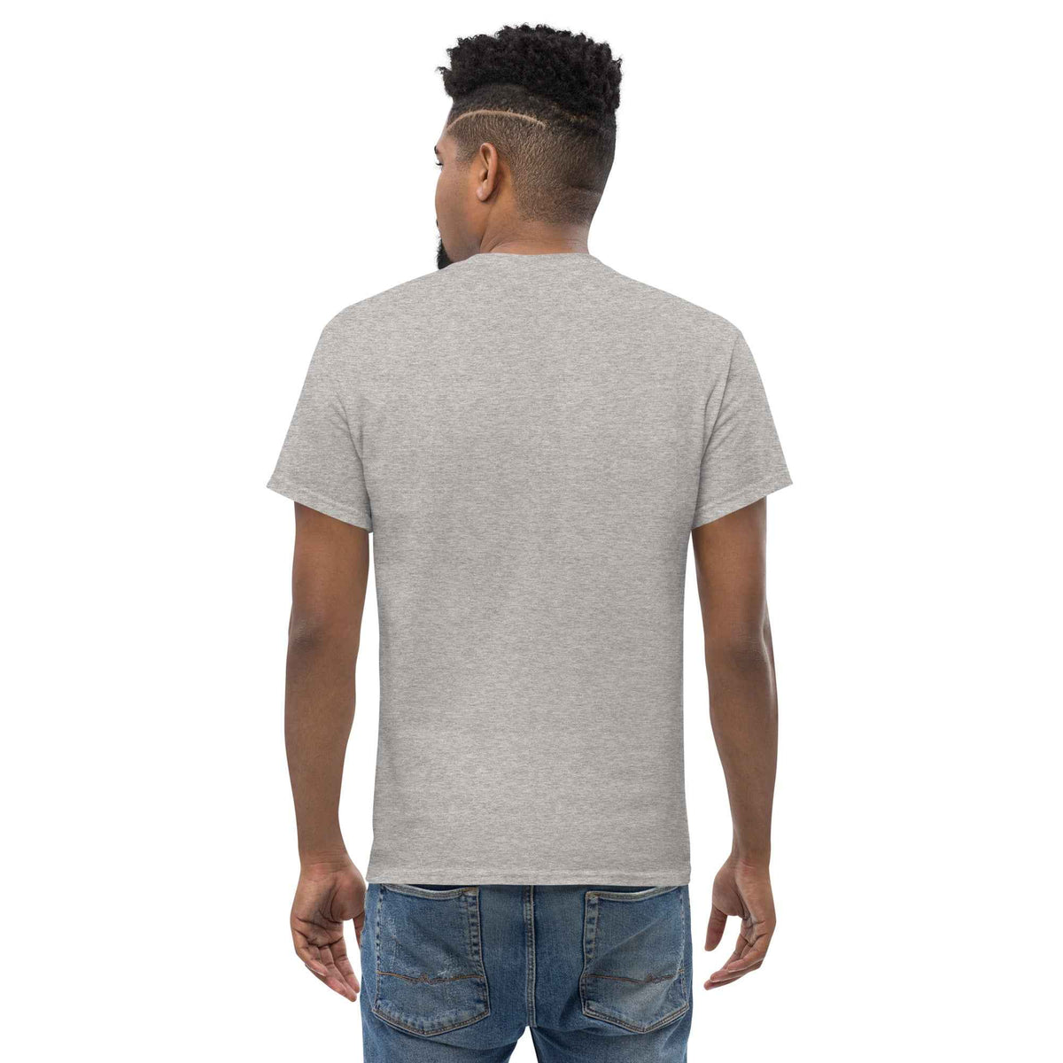 Sport Grey unisex classic tee featuring Cranston's Mariner Coffee Beans logo, rear-view with eyes left on a male studio model
