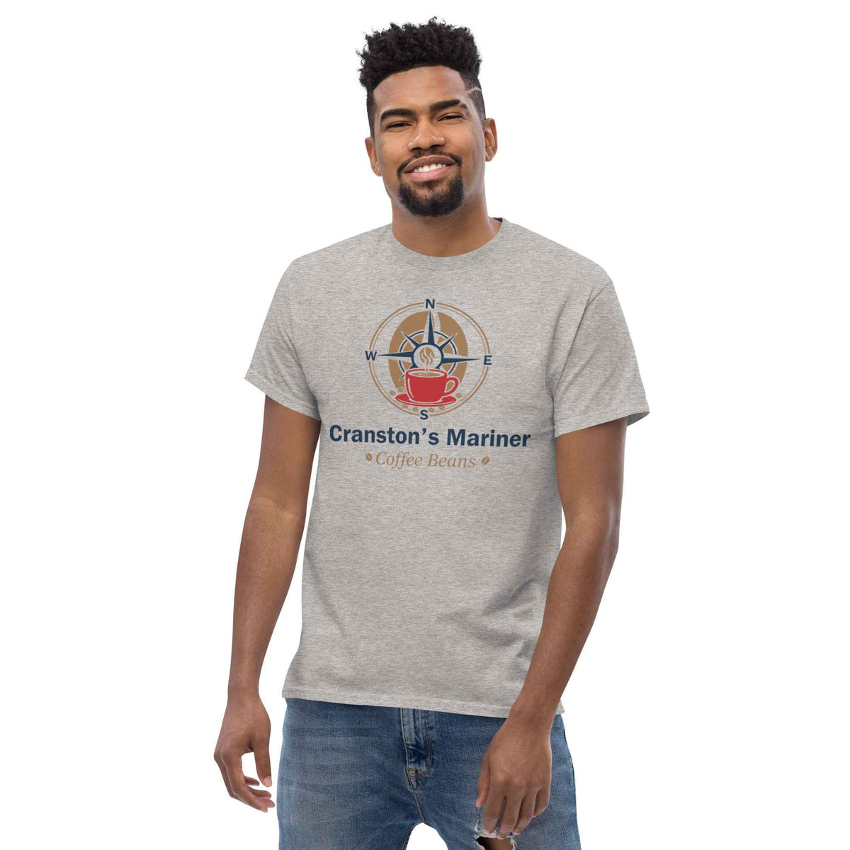 Sport Grey unisex classic tee featuring Cranston's Mariner Coffee Beans nautical logo, slightly angled left on a male model