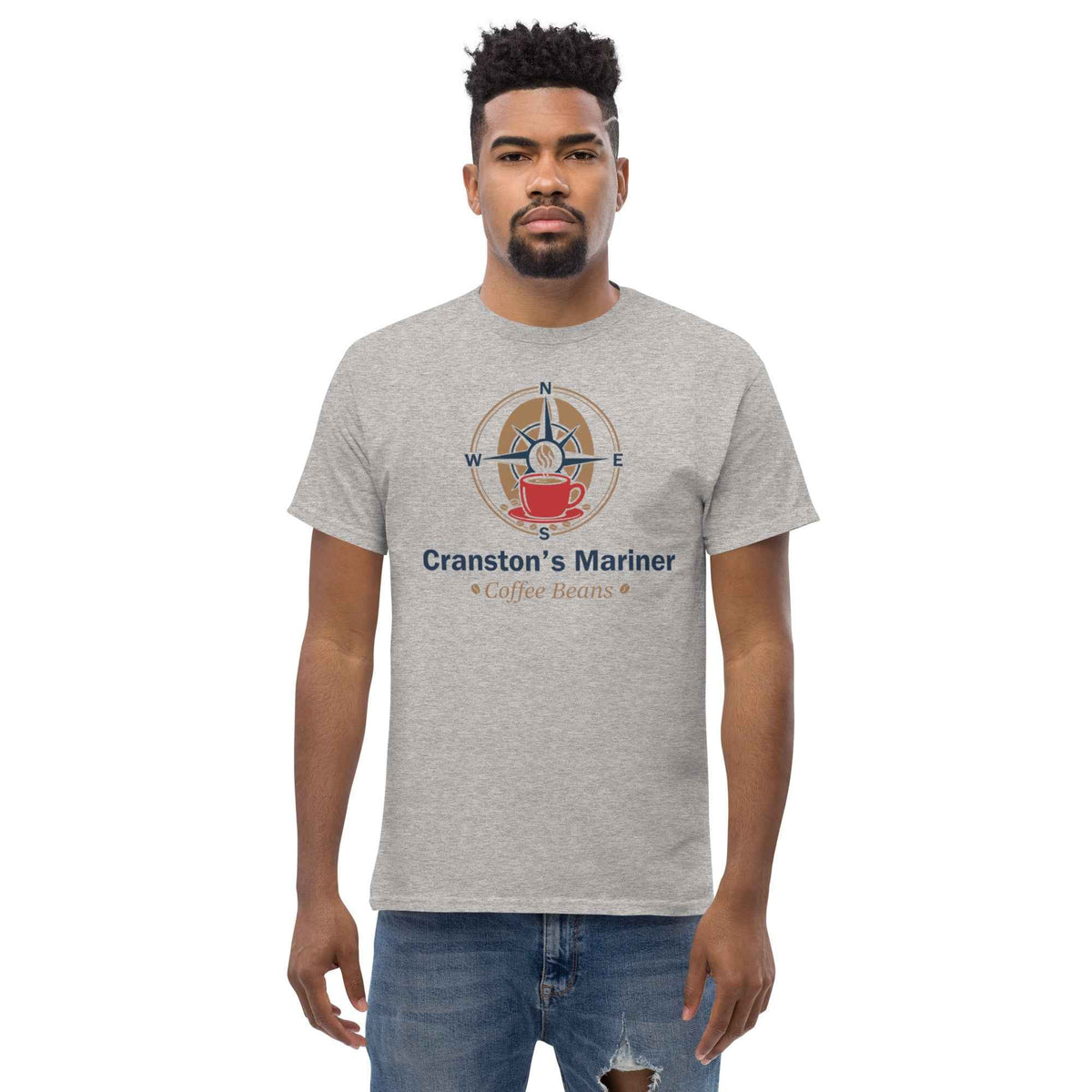 Sport Grey unisex classic tee featuring Cranston's Mariner Coffee Beans nautical logo, front-facing, on a male studio model