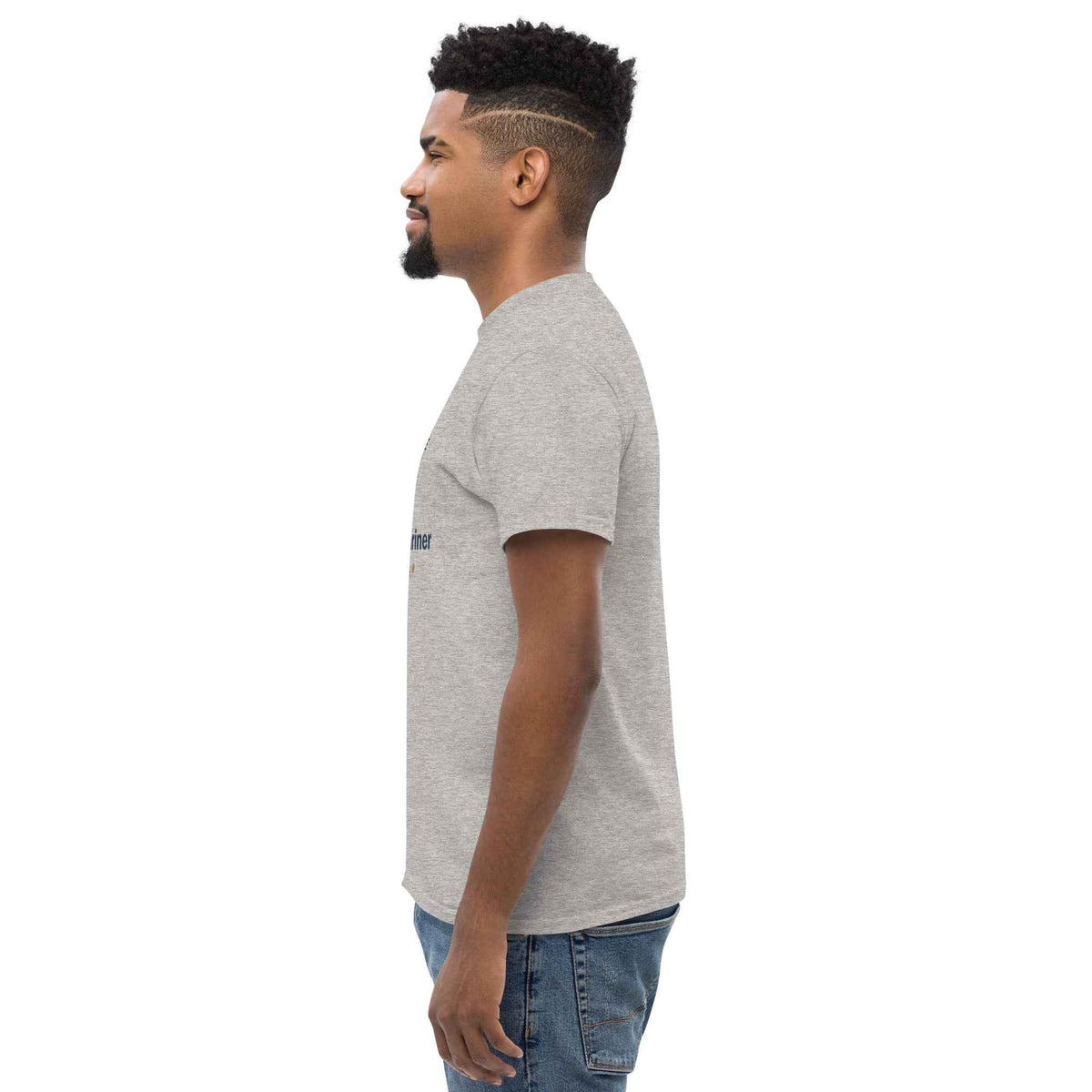 Sport Grey unisex classic tee with Cranston's Mariner Coffee Beans cup design,  profile facing left on a male studio model