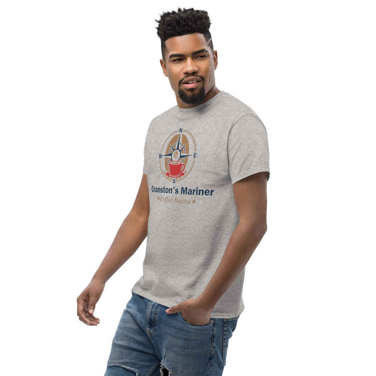 Sport Grey unisex classic tee with Cranston's Mariner Coffee Beans design, slight left three-quarter on a male studio model