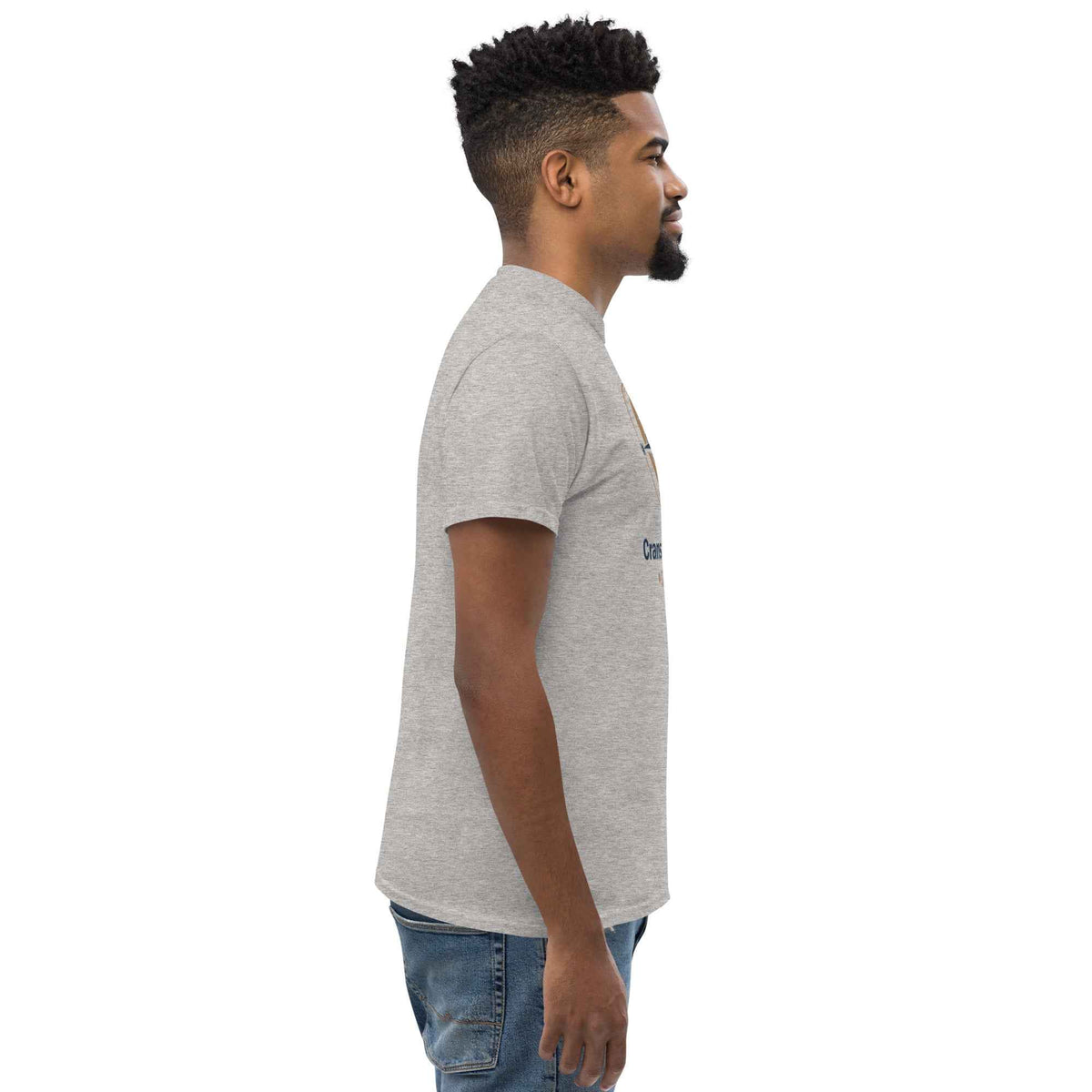 Sport Grey unisex classic tee having Cranston's Bean & Mariner Coffee design; profile viewed facing right on a male model