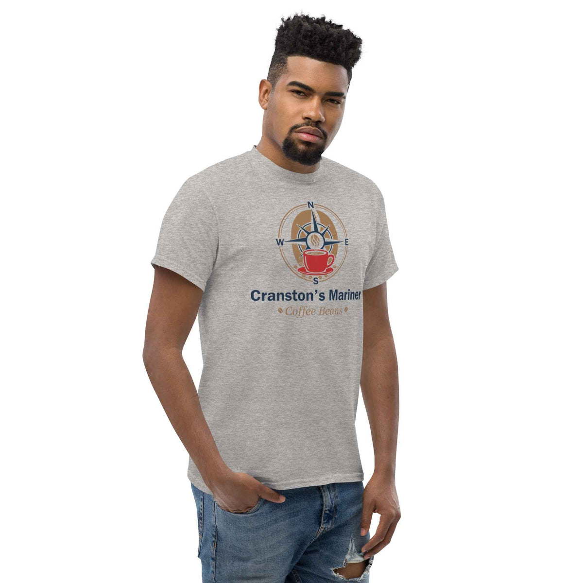 Sport Grey unisex classic tee featuring Cranston's Mariner Coffee Beans logo, three-quarter facing right on male studio model
