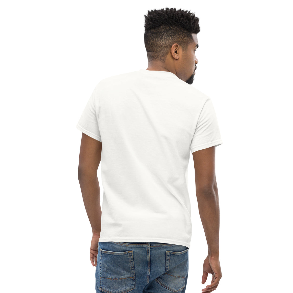 White unisex Classic Tee by Cranston Bean Mariner, presenting a clean back view on male model leaning looking right on camera
