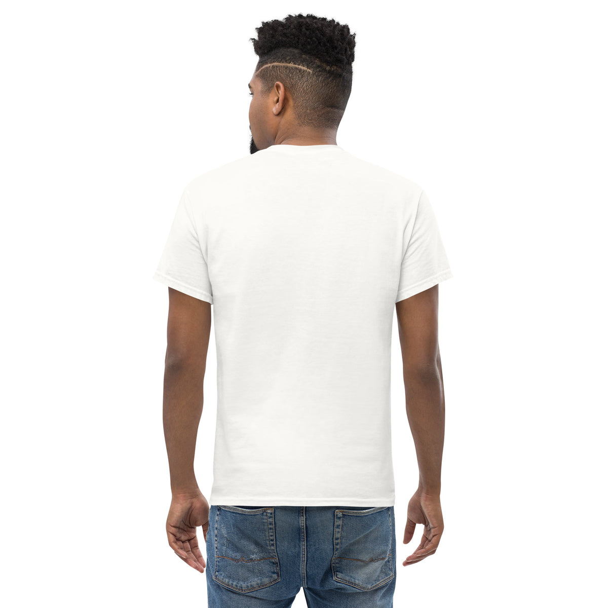 White unisex Classic Tee by Cranston Bean Mariner, showing a clean back fabric fit view on a male model looking slightly left