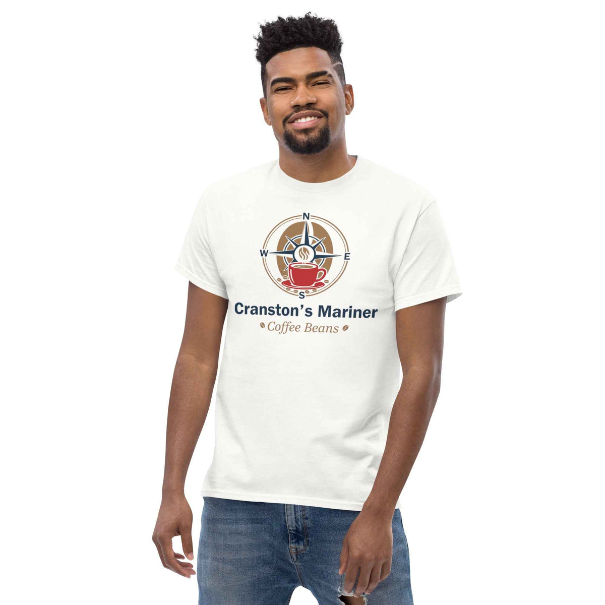 White cotton t-shirt featuring Cranston's Mariner Coffee Beans compass and cup graphic design, worn by a smiling male model