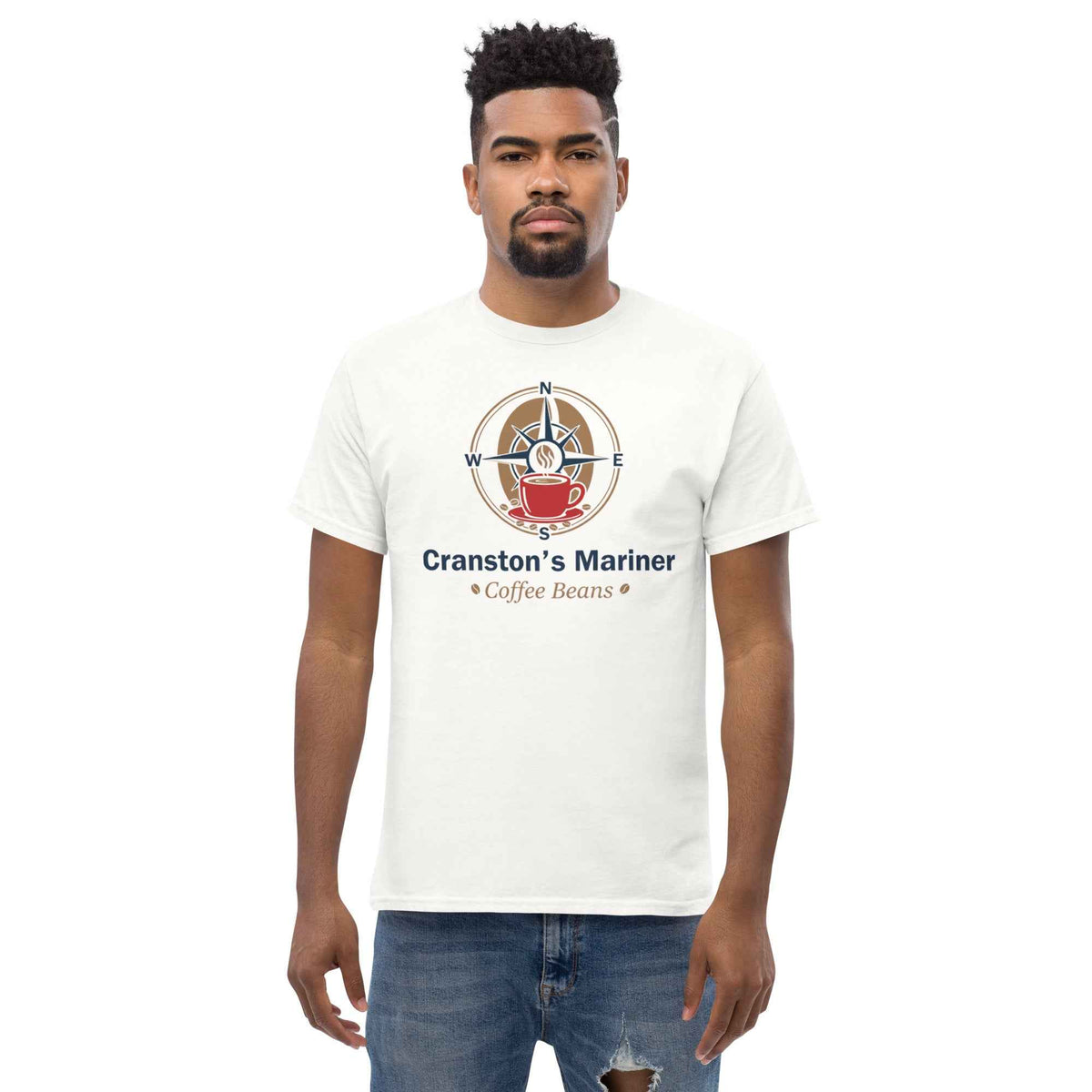 White unisex Classic Tee by Cranston Bean Mariner, featuring our detailed coffee compass graphic print on male facing forward