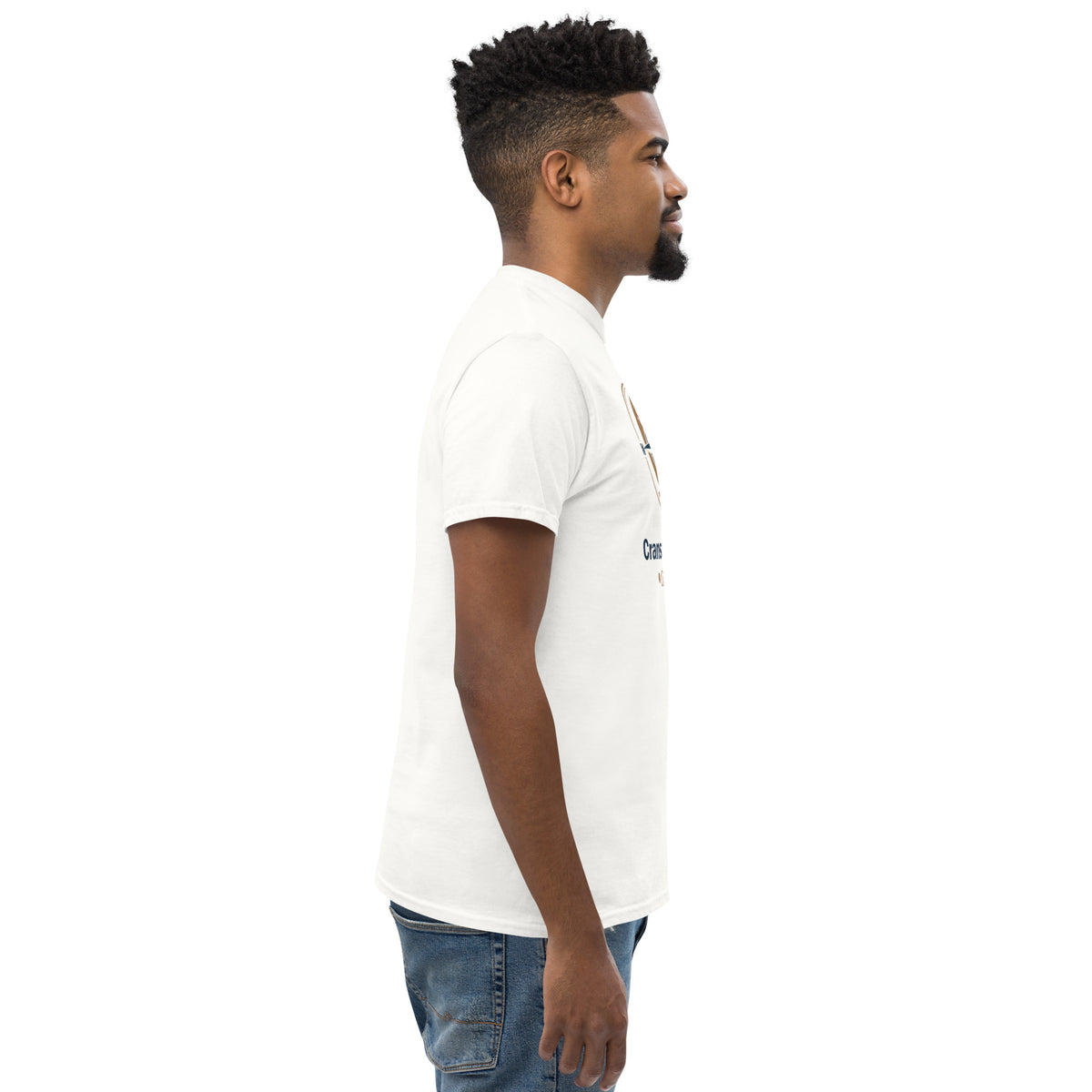 White unisex Classic Tee by Cranston Bean Mariner, showcasing a sharp side profile view on a studio male model looking right