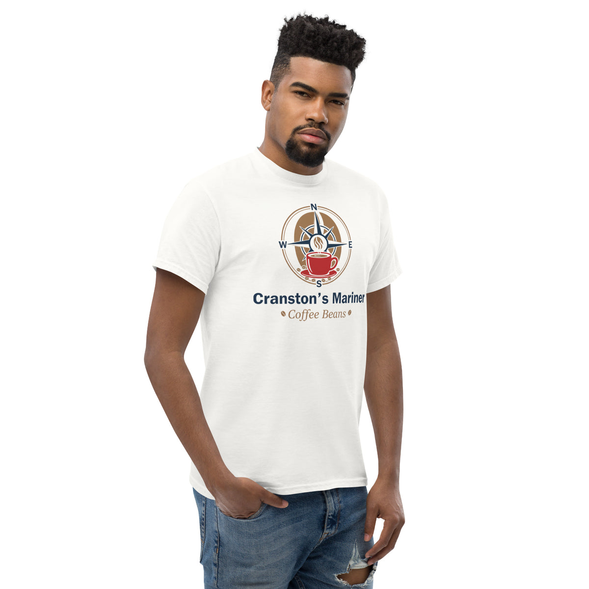 White unisex Classic Tee by Cranston Bean Mariner, presenting a crisp silhouette on a male model three quarter leaning right