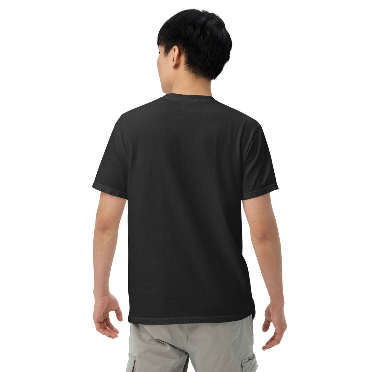 Unisex Garment-Dyed Heavyweight T-shirt by Cranston Bean Mariner, showing back fabric view on male model looking left side