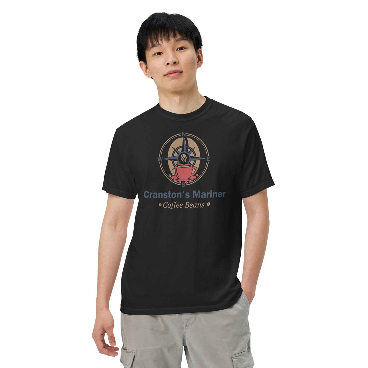 Unisex Garment-Dyed Heavyweight T-shirt by Cranston Bean Mariner, featuring a custom logo fit on male three-fourth left view