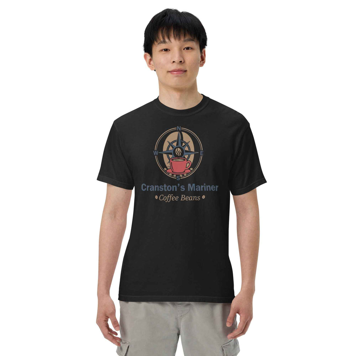Unisex Garment-Dyed Heavyweight T-shirt by Cranston Bean Mariner, displaying our detailed graphic logo on male facing forward