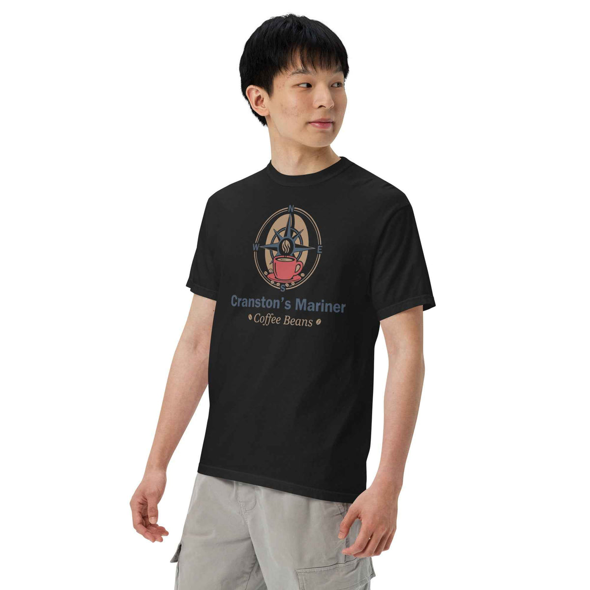 Unisex Garment-Dyed Heavyweight T-shirt by Cranston Bean Mariner, featuring chest logo on male three-fourth left head right