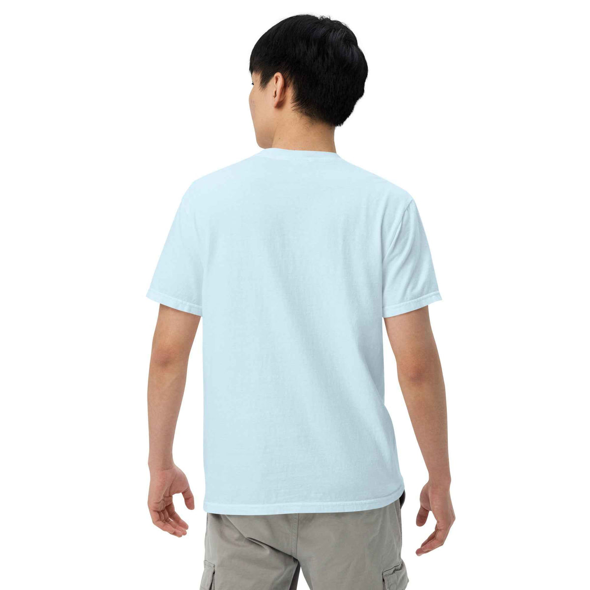 Unisex Garment-Dyed Heavyweight Chambray T-Shirt by Cranston Bean Mariner. Model showing rear, tilts head right looking left