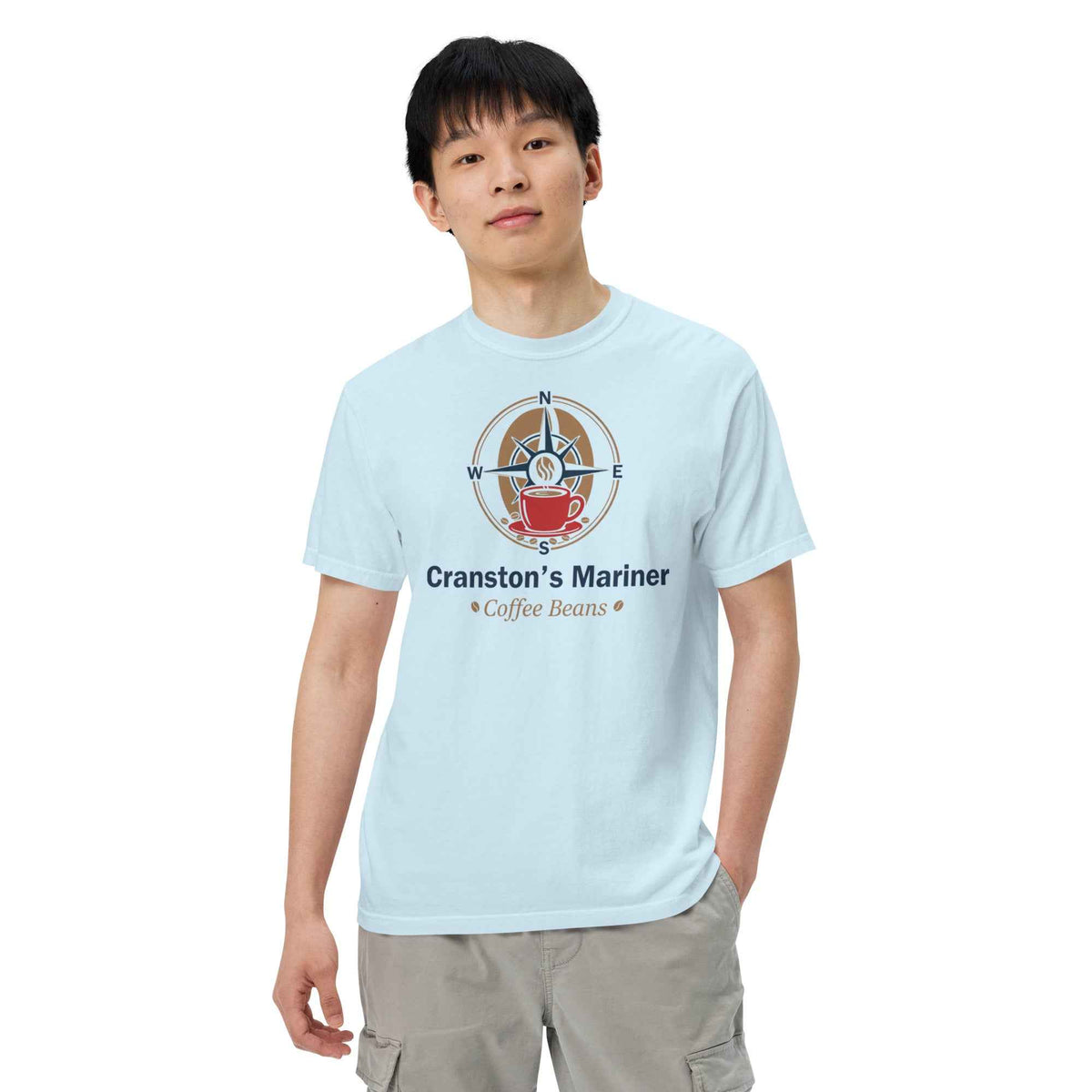 Unisex Garment-Dyed Heavyweight Chambray T-Shirt by Cranston Bean Mariner. Model head leaning right with left hand in pocket
