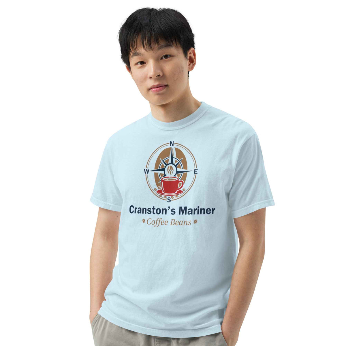 Unisex Garment-Dyed Heavyweight Chambray T-Shirt by Cranston Bean Mariner. Model close-up, head leans right, hands in pockets