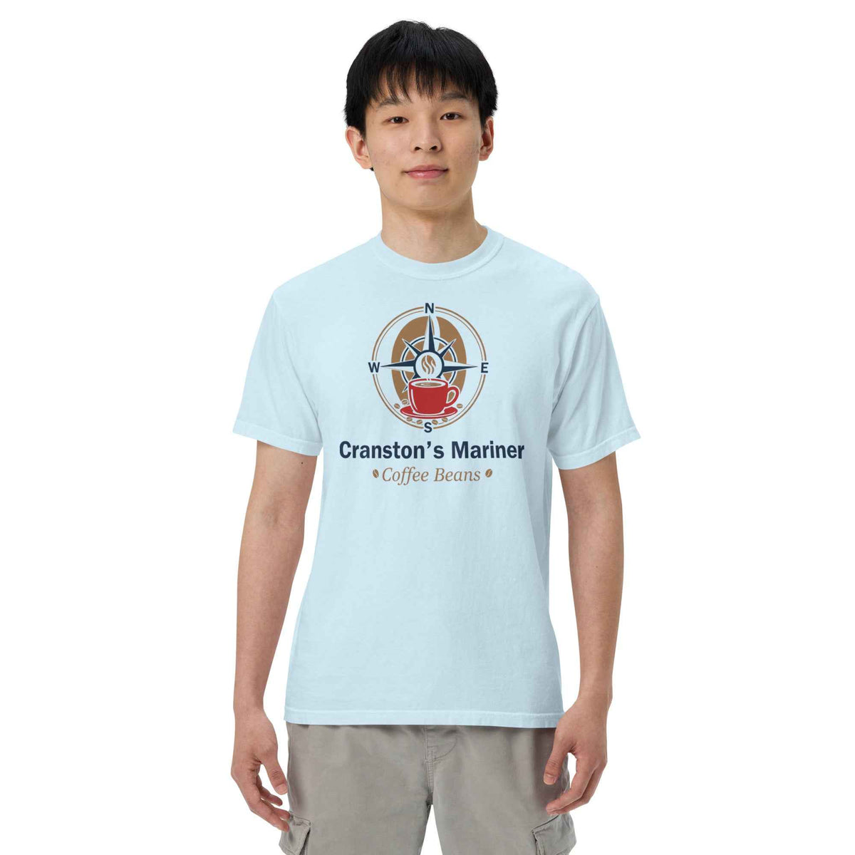 Unisex Garment-Dyed Heavyweight T-shirt by Cranston Bean Mariner, showing a crisp white on a posed model with a forward look