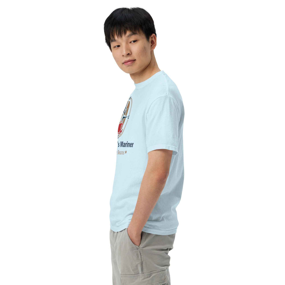 Unisex Garment-Dyed Heavyweight Chambray T-Shirt by Cranston Bean Mariner. Model side view left, head right lean, eyes ahead