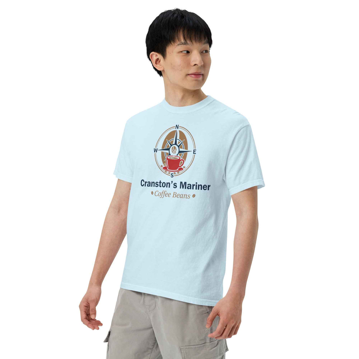 Unisex Garment-Dyed Heavyweight Chambray T-Shirt by Cranston Bean Mariner. Model eyes left aligned with shoulder, hands down