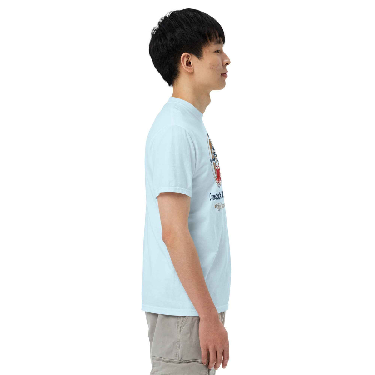 Unisex Garment-Dyed Heavyweight Chambray T-Shirt by Cranston Bean Mariner. Model side view right, eyes looking straight ahead