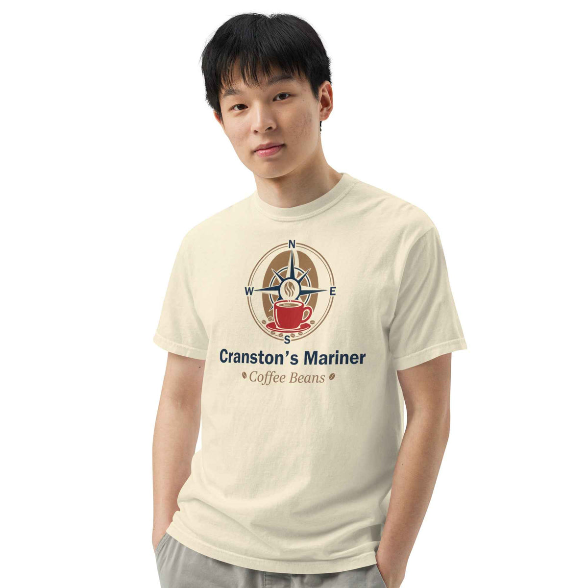 Unisex Garment-Dyed Heavyweight Ivory Color T-shirt by Cranston Bean Mariner. Model leaning head left, looking toward viewer