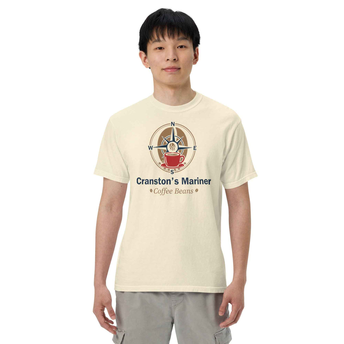 Unisex Garment-Dyed Heavyweight Ivory Color T-shirt by Cranston Bean Mariner. Model straight pose, hands down, eyes forward 