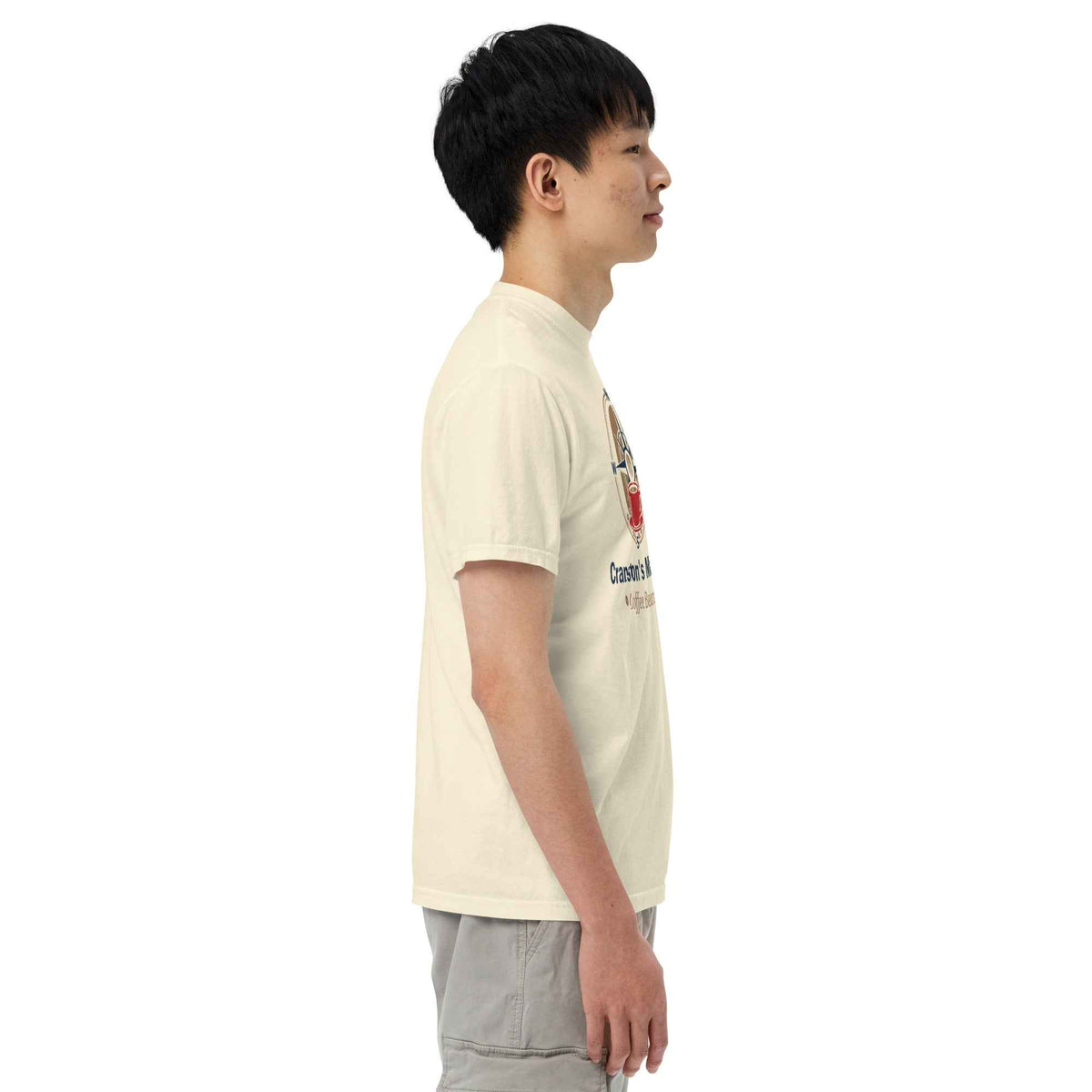 Unisex  Garment-Dyed Heavyweight Ivory Color T-shirt by Cranston Bean Mariner, side view model with eyes looking right ahead