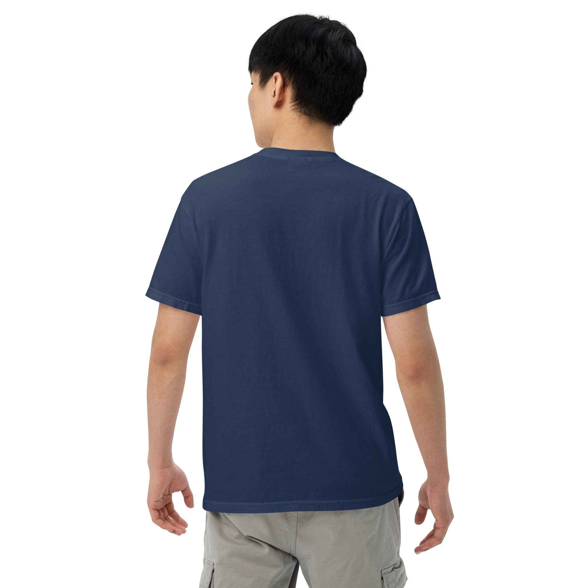 Unisex Garment-Dyed Heavyweight T-shirt by Cranston Bean Mariner, displaying model with a slight right pose looking left