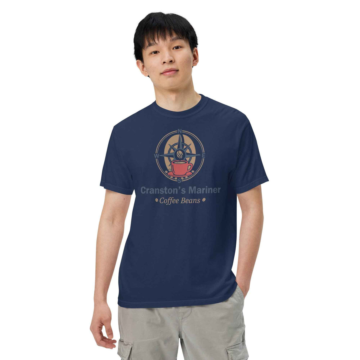 Unisex Garment-Dyed Heavyweight T-shirt by Cranston Bean Mariner, showing model head slight left with left hand in pocket