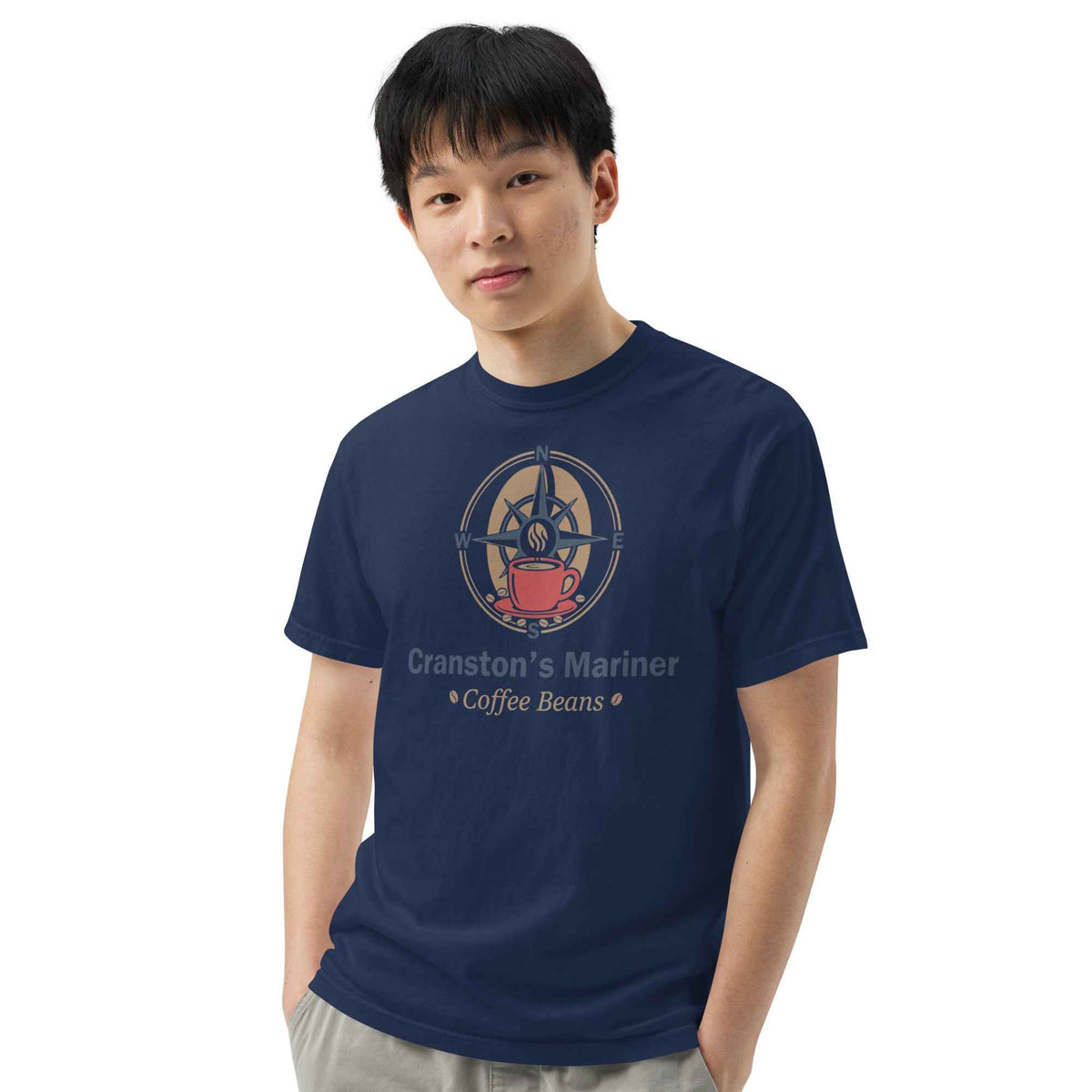 Unisex Garment-Dyed Heavyweight T-shirt by Cranston Bean Mariner, showing model head tilt right with both hands in pockets