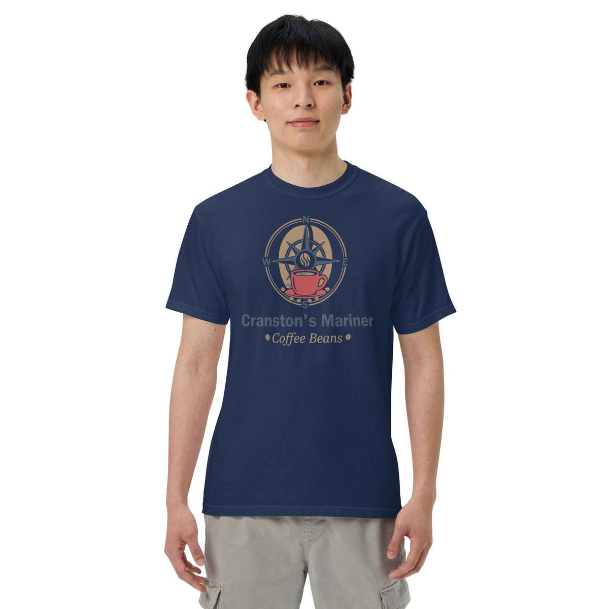 Unisex Garment-Dyed Heavyweight T-shirt by Cranston Bean Mariner, featuring a front chest logo with model looking straight