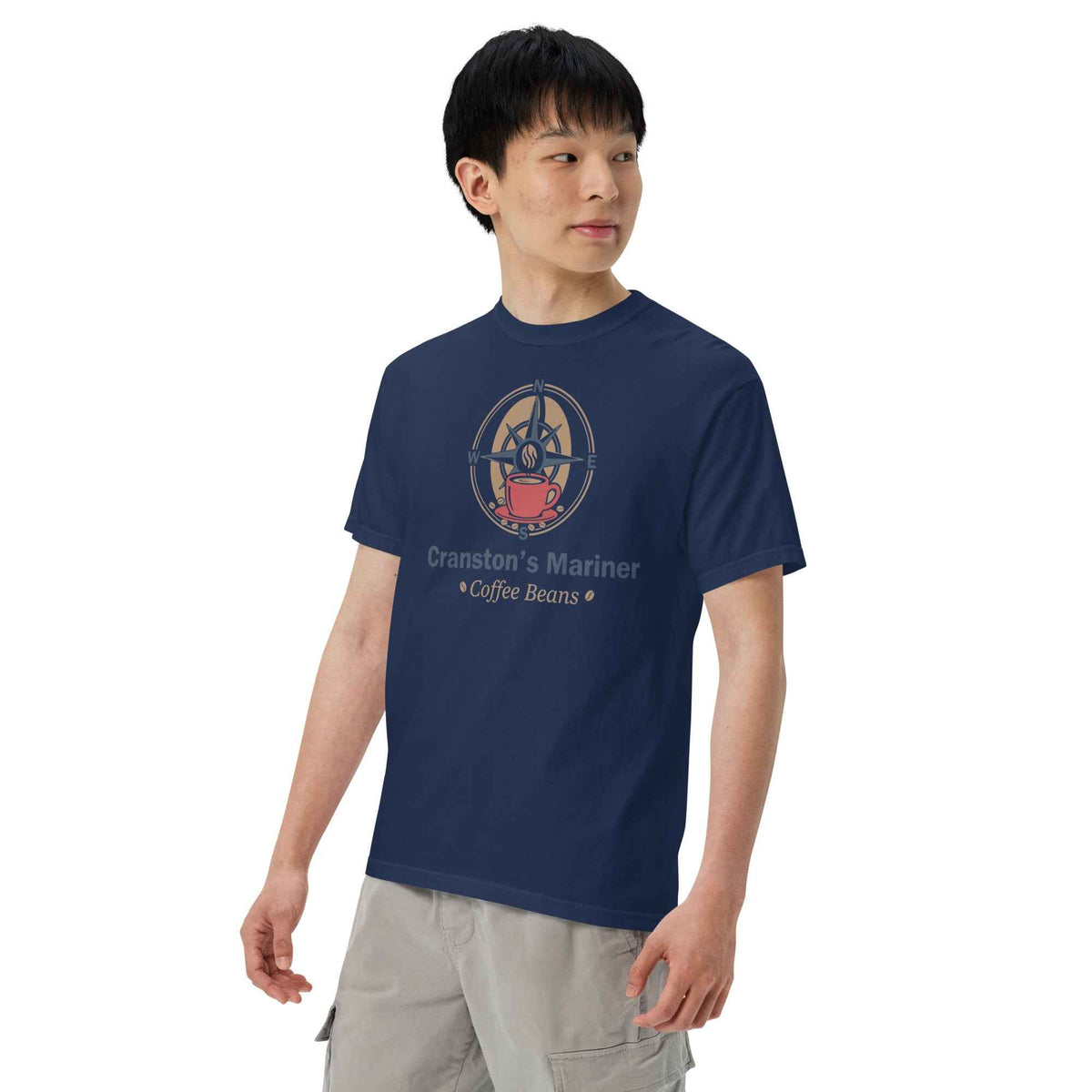 Unisex Garment-Dyed Heavyweight T-shirt by Cranston Bean Mariner, showing model with slight 3/4 pose and head looking left