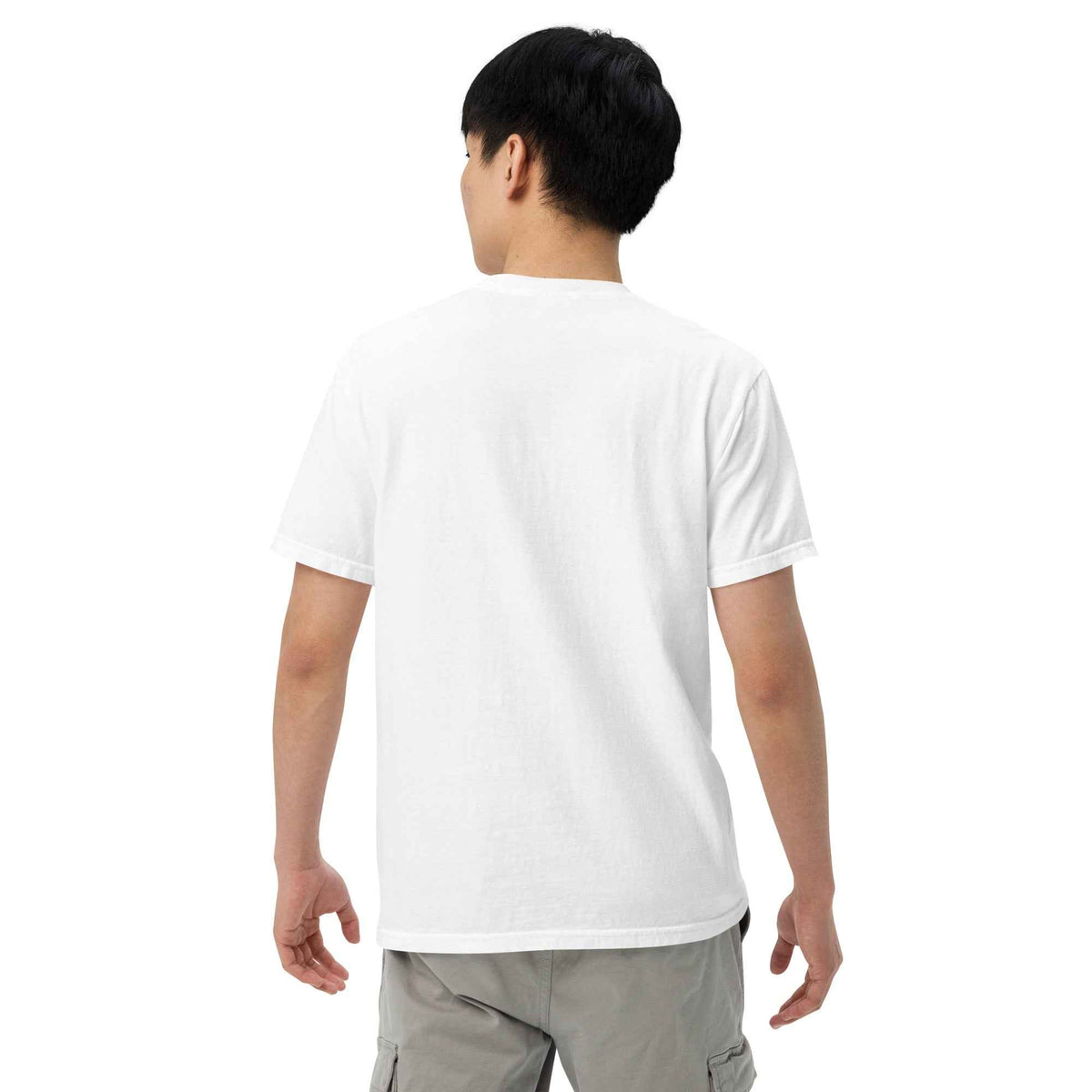 Unisex Garment-Dyed Heavyweight T-shirt by Cranston Bean Mariner, rear-view model head lean right forward eyes looking left
