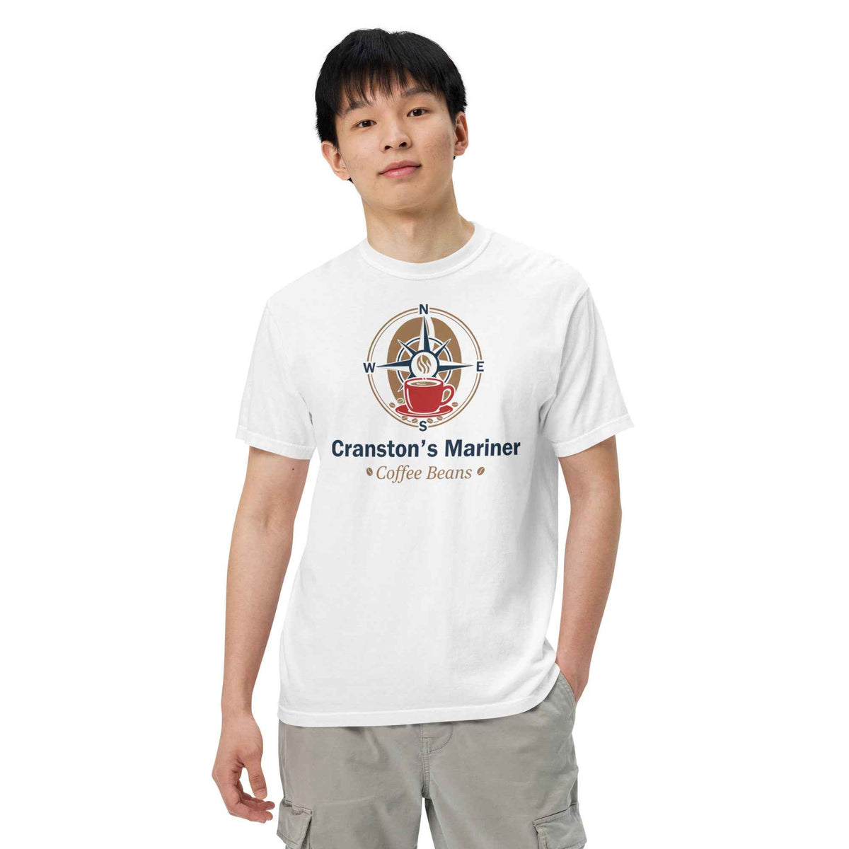 Unisex Garment-Dyed white Heavyweight T-shirt by Cranston Bean Mariner, has a custom marine logo print on model looking ahead