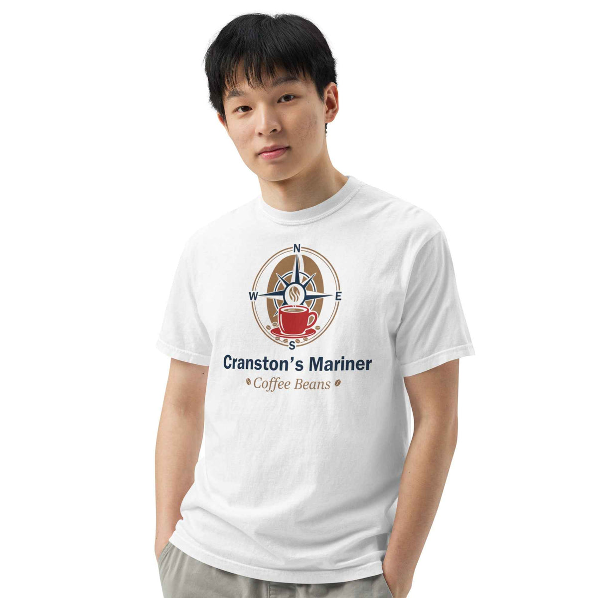 Unisex Garment-Dyed Heavyweight White T-Shirt by Cranston Bean Mariner. Model leans head left, eyes front, hands in pockets