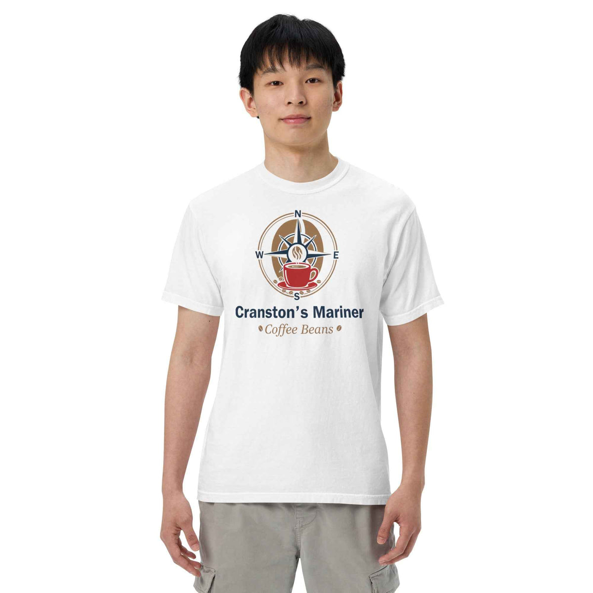 Unisex Garment-Dyed Heavyweight White T-shirt by Cranston Bean Mariner, model is standing with head straight  looking forward