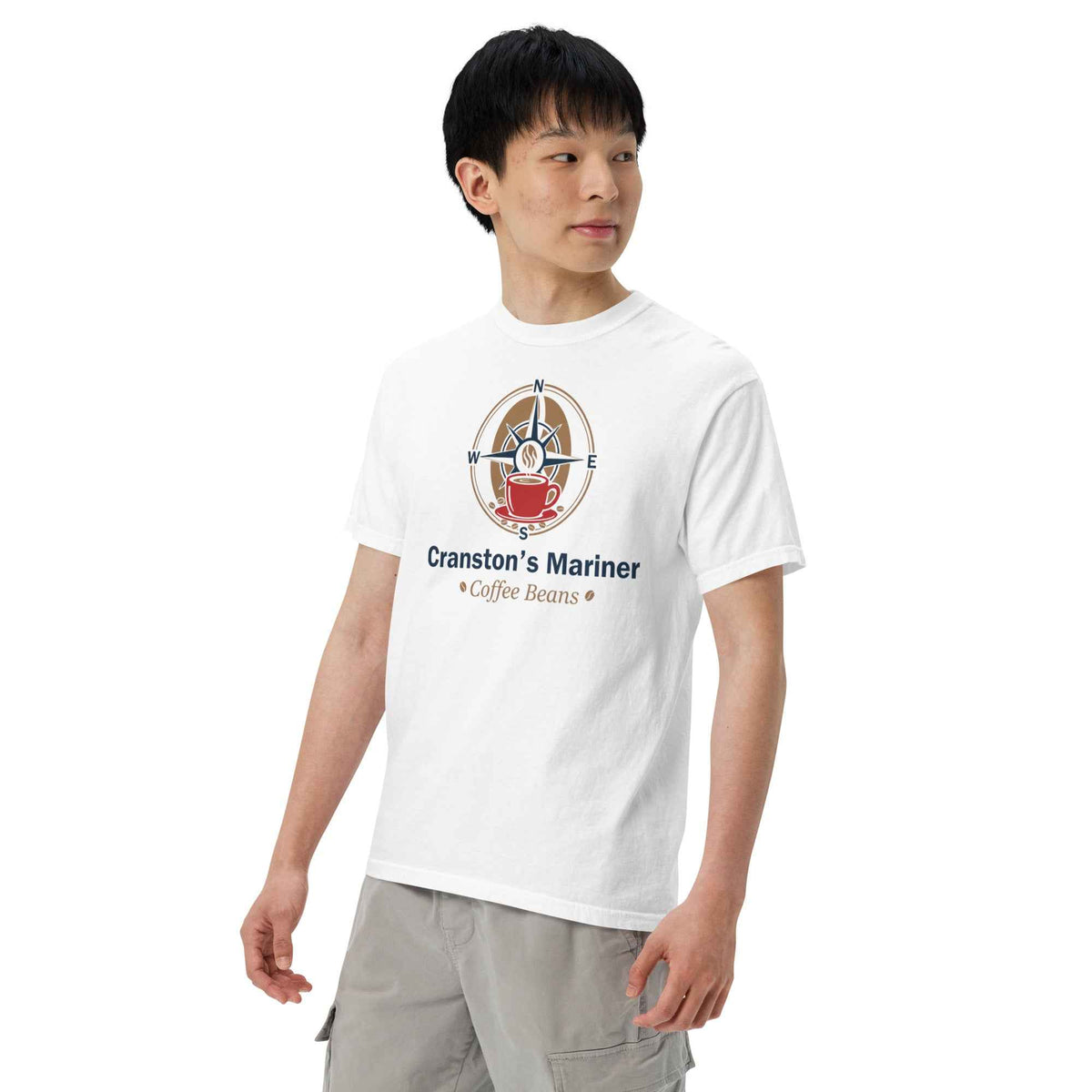 Unisex Garment-Dyed Heavyweight White T-Shirt by Cranston Bean Mariner. Model standing in three-quarter stance, eyes forward