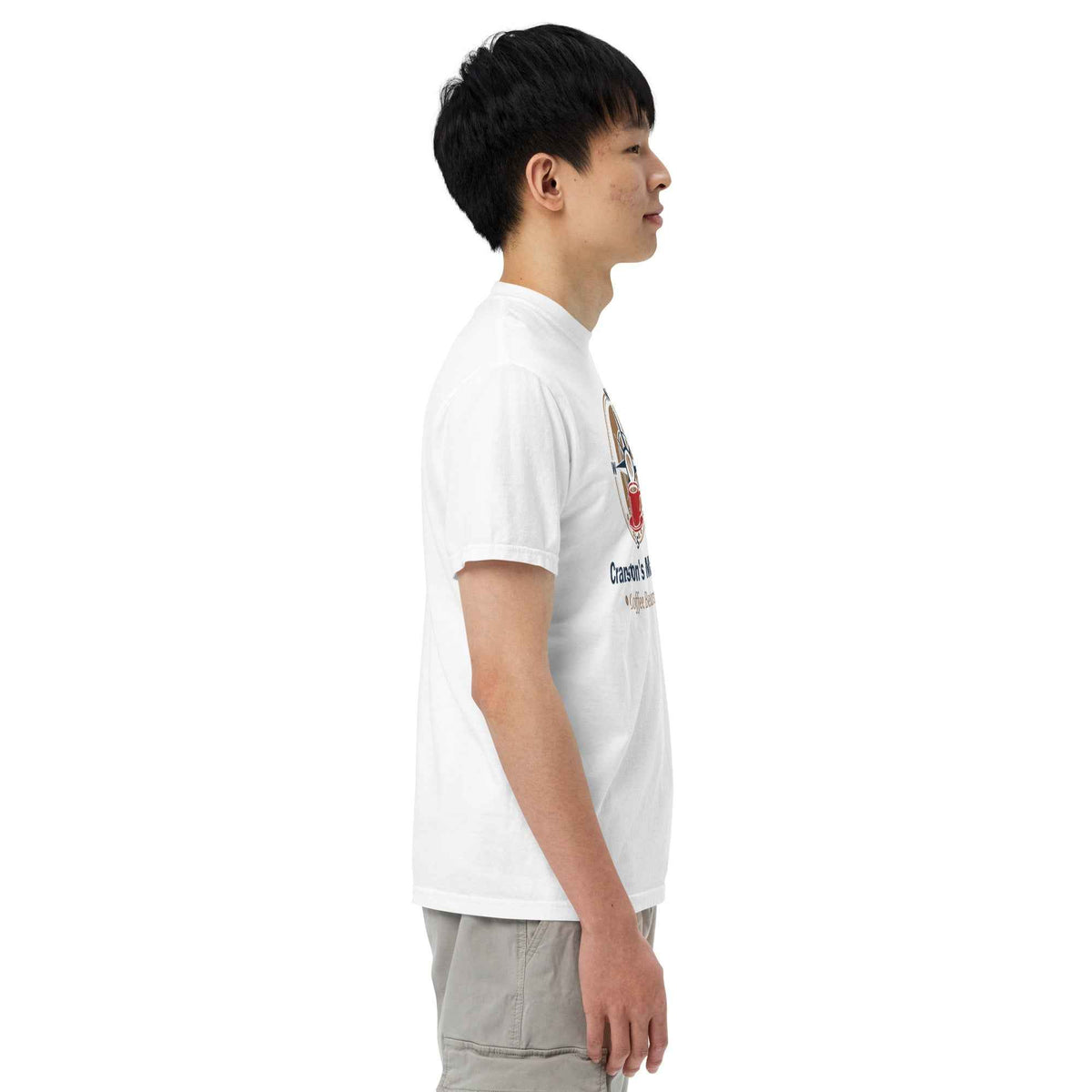 Unisex Garment-Dyed Heavyweight T-shirt by Cranston Bean Mariner, showing a white tee side view model eyes looking right side
