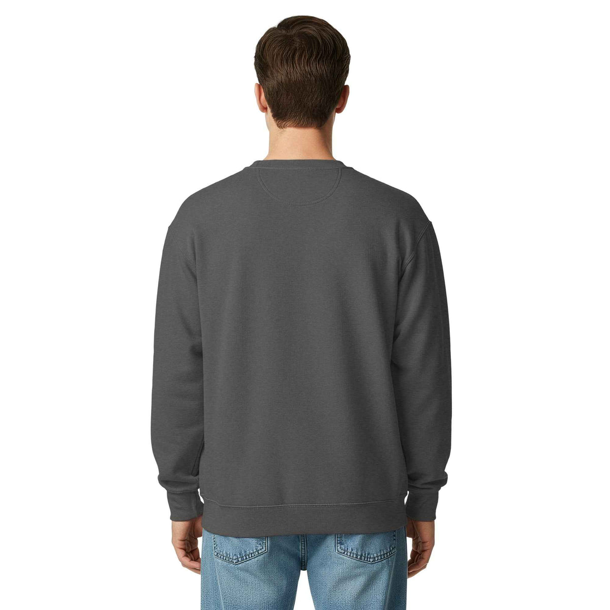 Unisex Garment-Dyed Pepper Sweatshirt by Cranston Bean Mariner with rear view standing model looking away from the screen