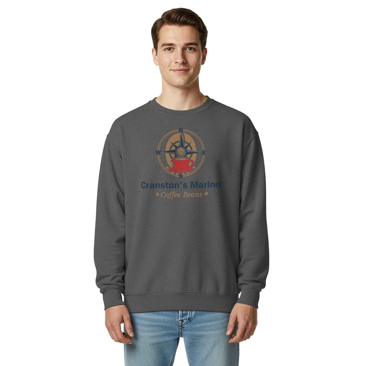 Unisex Garment-Dyed Pepper Sweatshirt by Cranston Bean Mariner, store logo on front of a standing model facing straight ahead