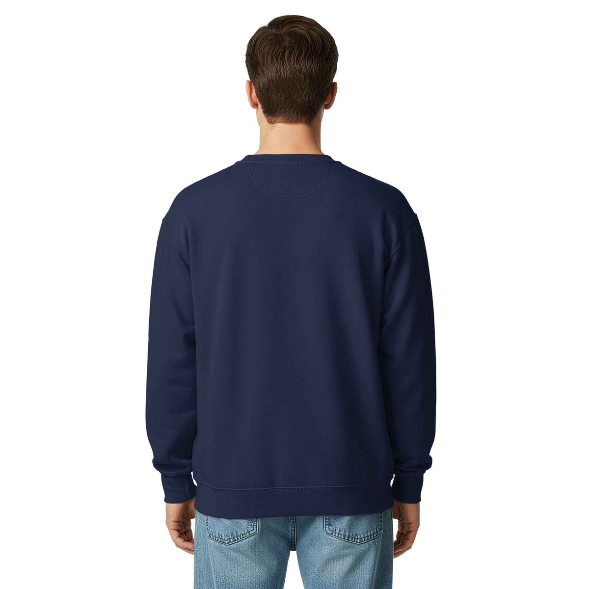 Unisex Garment-Dyed true navy Sweatshirt by Cranston Bean Mariner with rear view standing model looking away from the screen