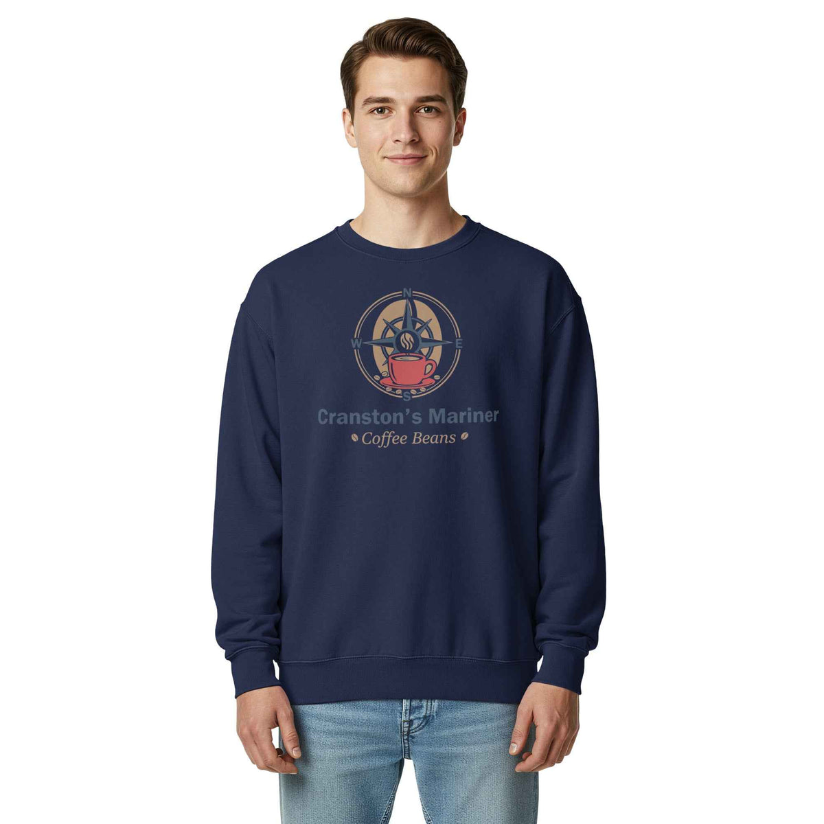 Unisex Garment-Dyed true navy Sweatshirt by Cranston Bean Mariner, classic logo with a standing model looking straight ahead