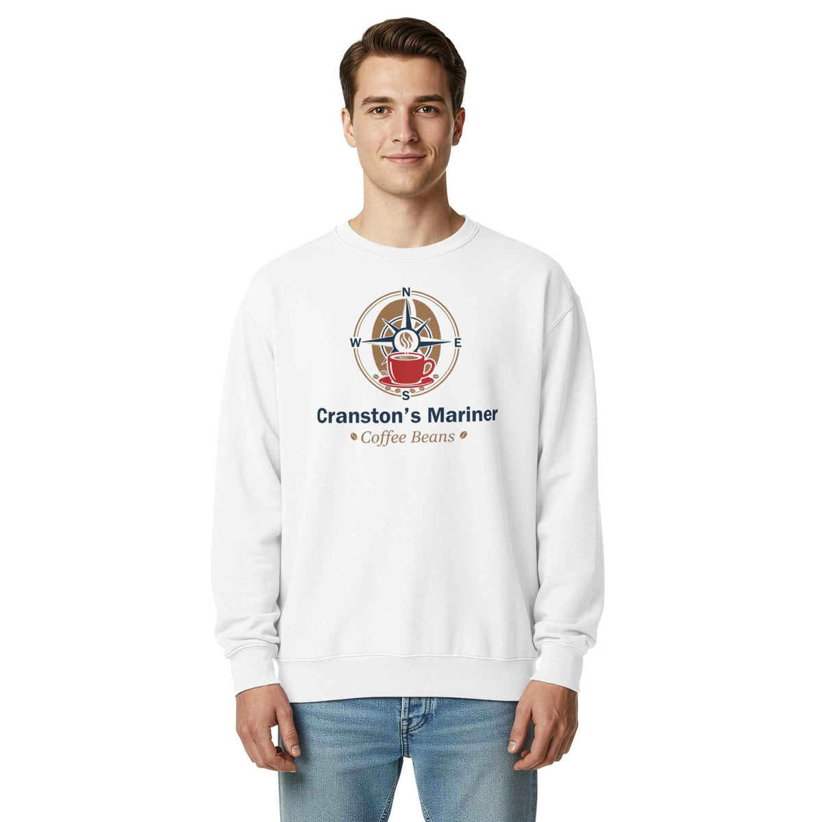 Unisex Garment-Dyed white Sweatshirt by Cranston Bean Mariner, model facing forward with arms resting straight down his sides
